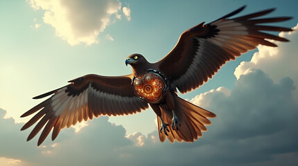 Obraz premium Majestic Eagle with a Glowing Mechanical Chest Flying in the Sky (Generative AI)
