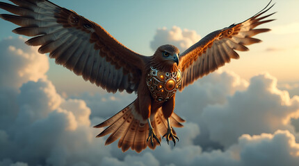 Majestic Eagle with a Glowing Mechanical Chest Flying in the Sky (Generative AI)