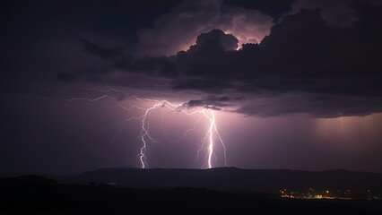 A dramatic lightning storm illuminates a dark landscape, capturing the raw power of nature with glowing cloud details.
