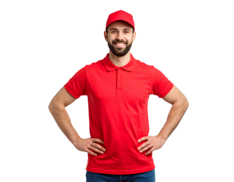 Front-facing smiling delivery person in a red uniform with hat isolated on a transparent background.