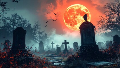 A spooky cemetery under a blood-red moon, with cracked gravestones, crows, and an eerie fog. Evocative and atmospheric images of Halloween.