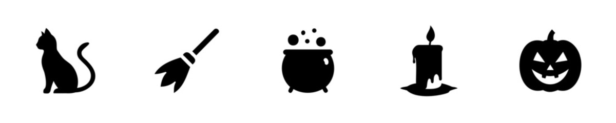 Silhouette icons Halloween cat broom cauldron candle pumpkin witch