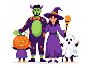 Happy Halloween Family: A vibrant illustration depicts a joyous family, fully embraced the Halloween spirit in elaborate costumes with pumpkins and a joyful spirit.