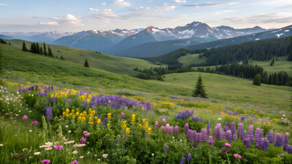 Vibrant alpine meadow carpeted with purple lupine and yellow wildflowers against snow-capped mountains full hd 4k stock image download