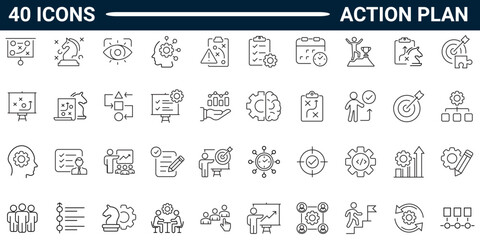 Action plan line icon set. Includes Business, strategy, startup, steps, target. Editable stroke. Vector illustration