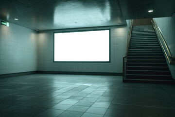 Empty underground passageway with stairs and blank display, lit with cool tones and minimalist design