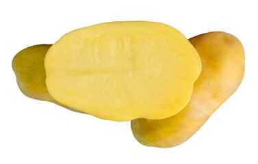 Raw potato with half in pile isolated on white background with clipping path