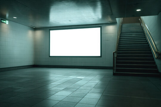Empty underground passageway with stairs and blank display, lit with cool tones and minimalist design