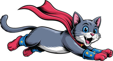 Cute superhero cat flying with red cape, cartoon style vector illustration, fun feline mascot character perfect for children’s designs, logo, animation projects © MD. NUR ISLAM