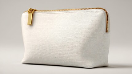 Stunning photo of modern white cosmetic pouch mockup. Realistic fabric zipper bag for makeup beauty tools. Detail, bright, pro toiletry container. Fashion luxury clean elegant.