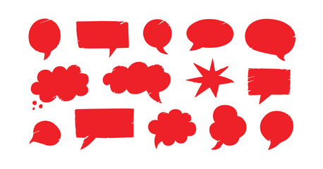 Assorted red speech bubbles and starburst shapes show diverse communication styles on a white background