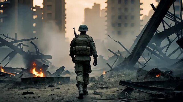 Soldier in military uniform walking through destroyed city ruins with collapsed buildings fire and rising smoke