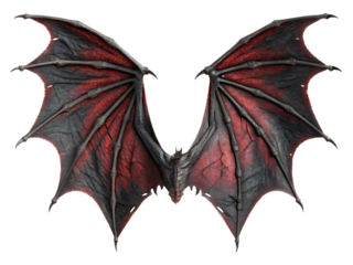Dramatic Bat Wings Red and Black Isolated for Halloween Costume or Fantasy Character Design Intricate Detail and Sharp Claws Against Black Background