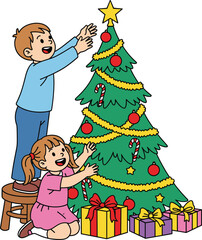 Happy children decorating Christmas tree with gifts under it, festive holiday celebration, joyful boy and girl, colorful ornaments, winter season family fun illustration