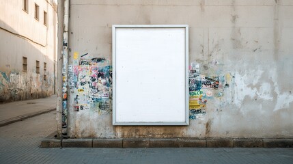 Naklejka premium Stunning photo of blank white poster mockup with urban street art sticker frame on textured wall backdrop.