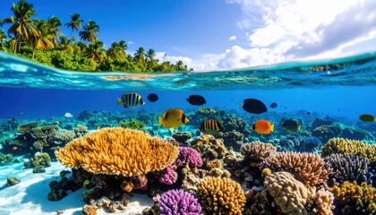 Fototapeta premium Tropical Reef Vista: Vibrant coral reefs teeming with life beneath the crystal-clear surface, this image captures the beauty of the underwater world, with a hint of island paradise above. 