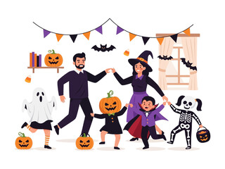 Halloween Family Fun: A cheerful family embraces the spirit of Halloween, adorned in whimsical costumes, creating a vibrant and memorable celebration. 