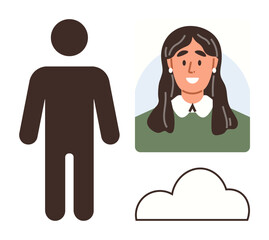 Simplistic male figure, smiling female portrait with long hair, and cloud graphic. Ideal for themes thumbs up communication, identity, teamwork, profile creation, online presence, social media