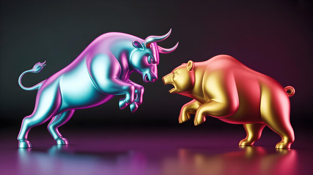 A 3D Bull vs Bear concept. A powerful metallic bull and bear clashing. Symbol of the crypto market's volatility.