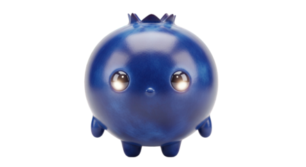 A cute, round, blue character with a metallic sheen and large, glowing eyes, shaped like a whimsical blueberry monster.