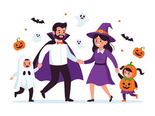 Happy Halloween Family Fun: A cheerful family, adorned in festive Halloween costumes, embarks on a trick-or-treating adventure, filled with the spirit of the season.
