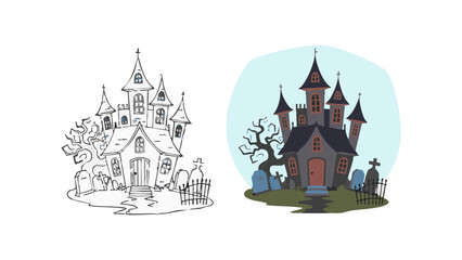 Obraz premium Illustration depicting a spooky haunted house with a black and white sketch version alongside it
