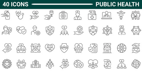 Public health line icon set. Includes featuring Medicine, social health, telemedicine, health care protection, lifestyle, community health, and hygiene. Editable stroke. Vector illustration