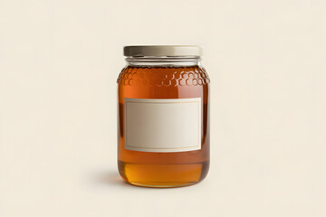 honey glass bottle jar with honeycomb texture white golden lid white label place where logo and text placemenet area round shape design shiny light background isolated transparent white full dark jam 