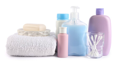 Many different baby bathroom necessities isolated on white