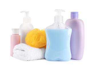 Many different baby bathroom necessities isolated on white