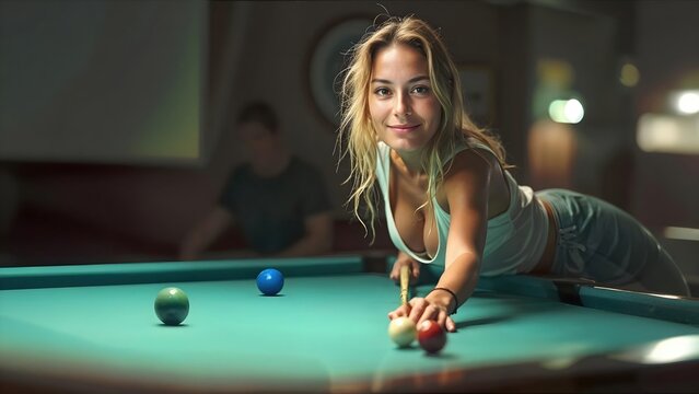 Jeune femme souriante jouant au billard dans une salle de jeu