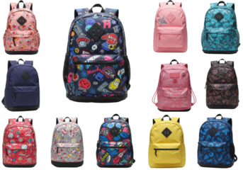 Colorful backpack collection displayed on for school and travel enthusiasts isolated PNG