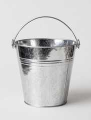 A small, galvanized steel bucket with a wire handle, slightly textured surface, sits on a plain white background