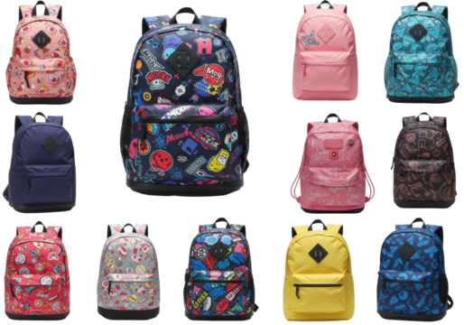 Colorful backpack collection displayed on for school and travel enthusiasts isolated PNG