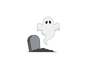 Obraz premium A simple illustration of a ghost floating next to a tombstone with soil mound