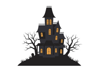 A spooky shadowed haunted house sits atop a hill with bare trees flanking it Tombstone to the left