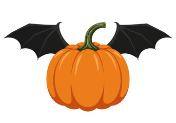 An orange pumpkin sports bat wings and a green stem isolated on white