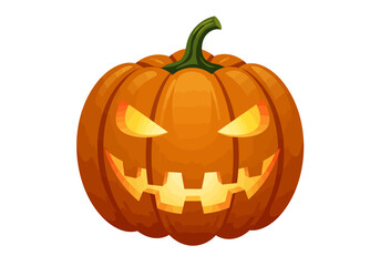 An orange pumpkin with a carved face and glowing eyes and mouth