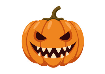An orange pumpkin with a spooky face and a brown stem isolated on a white background