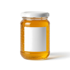 honey glass bottle jar with honeycomb texture white golden lid clean label place where logo and text placemenet area round shape design glossy light background isolated transparent white full dark jam