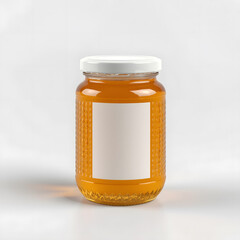 honey glass bottle jar with honeycomb texture white golden lid clean label place where logo and text placemenet area round shape design glossy light background isolated transparent white full dark jam