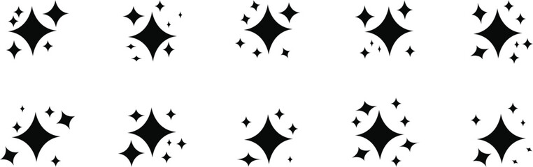 Sparkle star icon set. Simple star burst symbol. Bright, star, lightning, astronomy, glowing light, twinkle effect. 