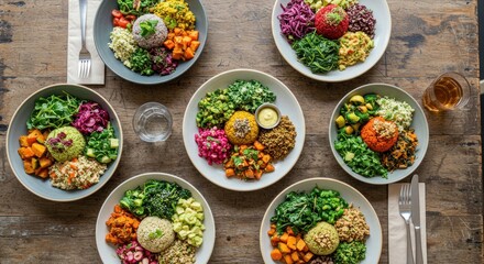 Overhead view of six colorful vegan bowls arranged on a wooden table