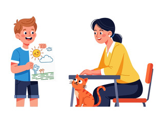 Sharing Artistic Creation: A young boy proudly presents his vibrant artwork to a smiling woman, accompanied by a friendly feline. This image captures the simple pleasures of shared creativity.