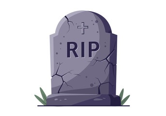 Tombstone with RIP inscription cracks a cross at the top and grass at the base on a white background