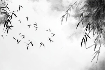 Composition featuring a black and white tree silhouette set against a chinese ink wash art background