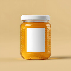 honey glass bottle jar with honeycomb texture white golden lid empty label place where logo and text placemenet area round shape design bright light background isolated transparent white full dark jam