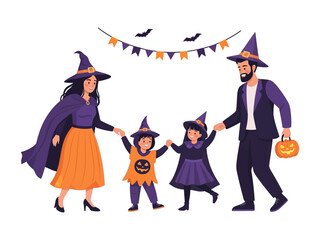 Spooky Family Halloween Fun: A cheerful family adorned in festive costumes joyfully celebrates Halloween, their smiles reflecting the magic of the season and the joy of togetherness. 