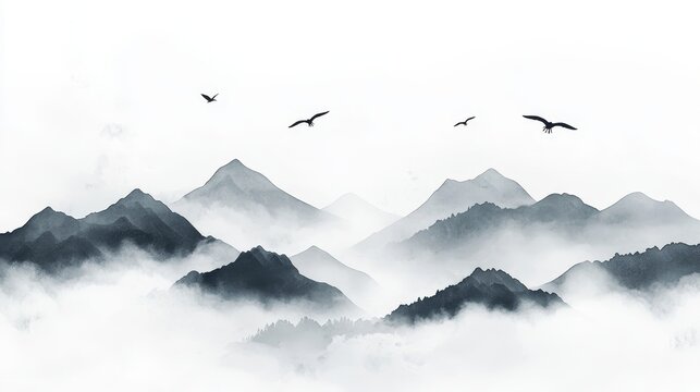 Landscape paintings that incorporate ink and wash techniques, featuring swirling clouds and mist, embody the essence of tranquility and vastness, making them ideal for art and natural landscape