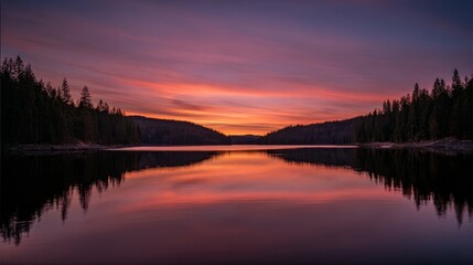Fototapeta premium A serene lake at dusk reflects vibrant sky colors with deep blues, purples, oranges, and pinks,